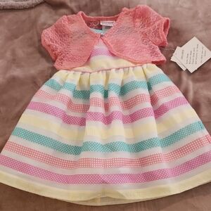 Colorful Striped Kids Dress with Pink Lace Bolero